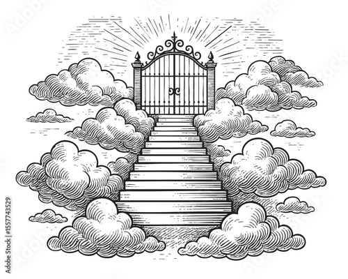 Vector Vintage Heaven Gate and Stairs with Clouds Illustration