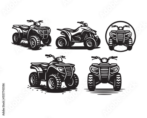 Vintage Vector ATV Offroad Vehicle Icon Set in Black and White