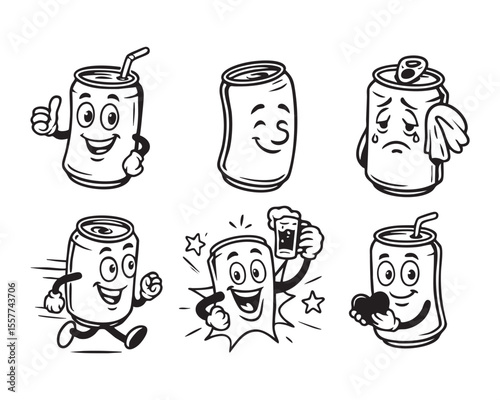 Cartoon Vector Soda Can Mascot Set with Funny Expressions