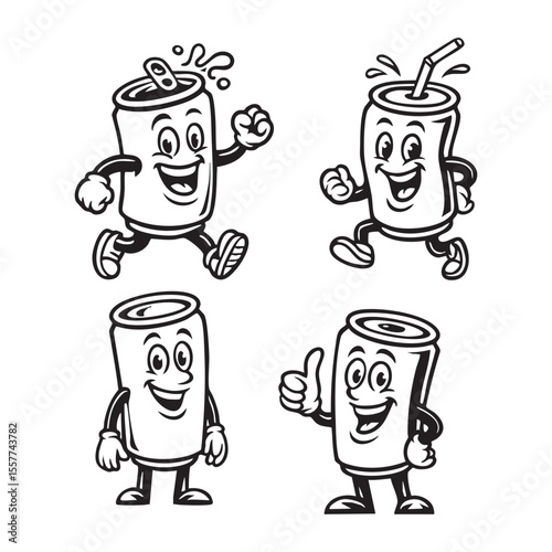 Cartoon Vector Soda Can Mascot Set with Funny Expressions