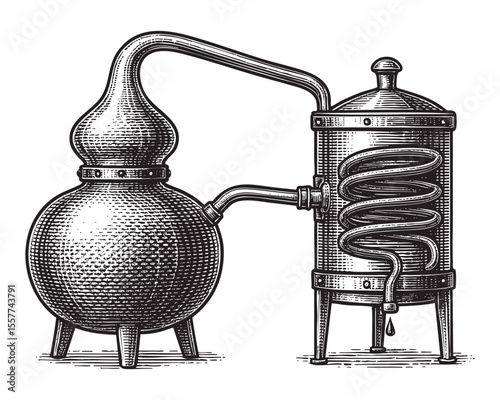 Vintage Vector Alcohol Distiller Illustration in Engraving Style