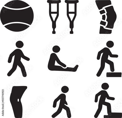 Sports Injury Recovery: A compilation of icons, visualizing various elements related to sports injury rehabilitation and physical therapy concepts.
