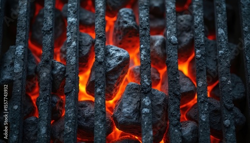 Rustic bbq grill surface with industrial metal bars. Burning coal fragments with orange ember glow. Top-down perspective with minimalist dark aesthetic ideal for cooking, bbq party. Charred texture,