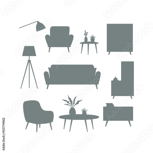 Midcentury modern furniture silhouettes sofa armchairs coffee tables lamps and sideboards Perfect for interior design blogs and websites