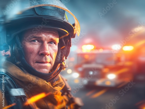 Heroic Firefighter Battling Flames at Urban Blaze Scene Action Shot Intense Environment Close-Up Perspective