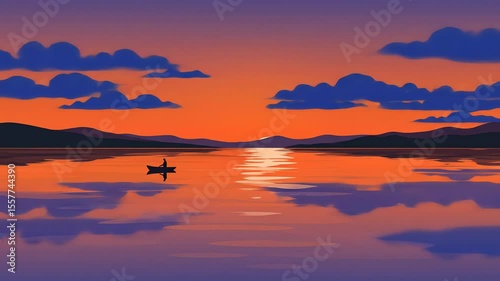Sunset landscape with silhouetted mountains clouds  a single figure in a boat on a tranquil body of water