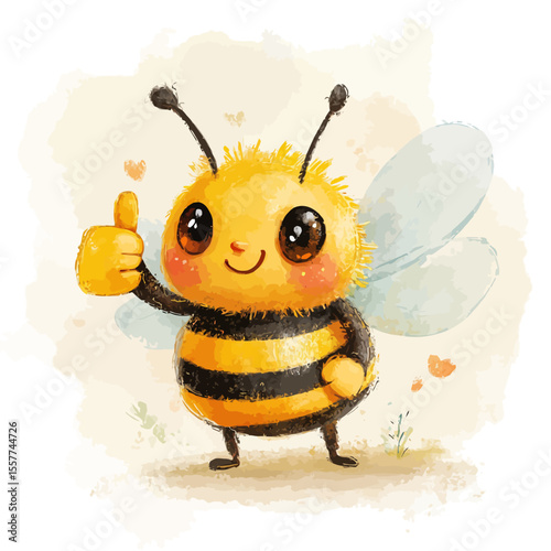 A funny cartoon bee with yellow wings and a happy smile is flying over a white flower