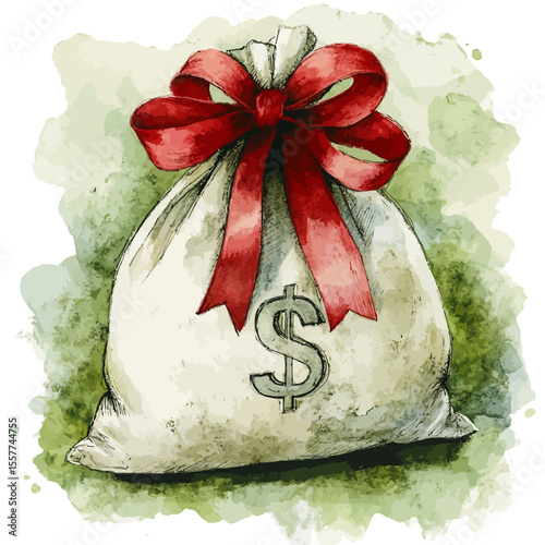 A gold bag of money with a red ribbon and bow on a paper gift package for a holiday celebration