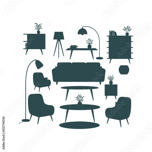 Midcentury modern living room furniture silhouettes sofa chairs tables lamps plants shelving