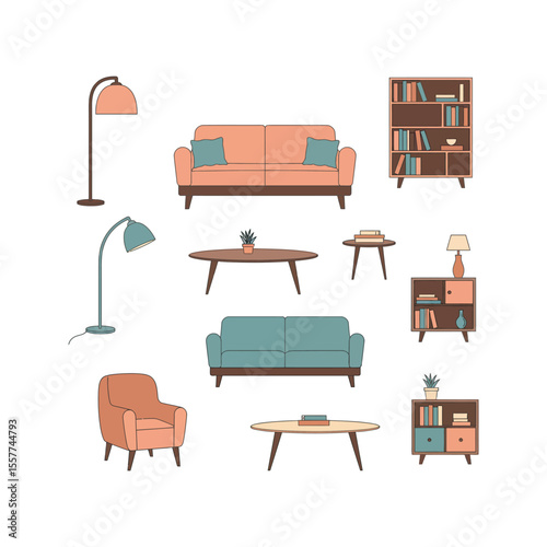 Mid Century Modern Living Room Furniture Set Sofa Armchair Tables Lamps Bookcases  Vector Illustration
