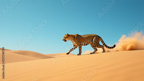 sleek golden leopard crouches low arid sand dunes forepaw hindpaw raised swift motion casting fleeting dust trail