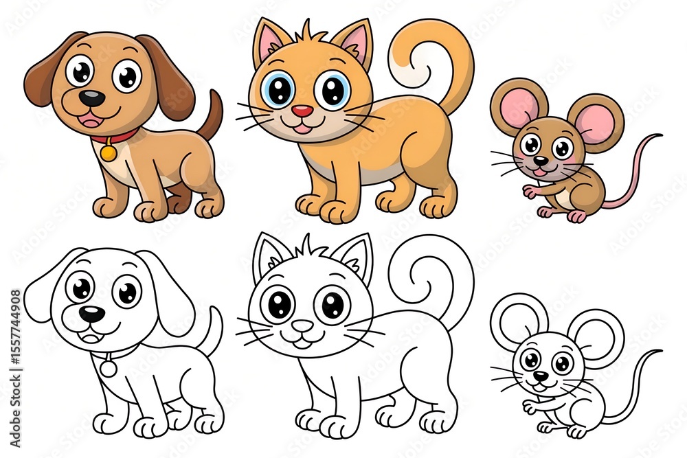 Fototapeta premium Cute Cartoon Animals Dog, Cat, and Mouse