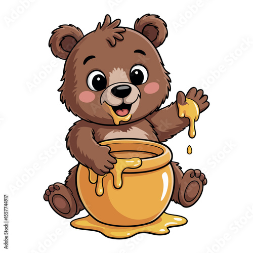 Cute cartoon bear enjoying honey from a large honey pot happy with dripping its paws and mouth cute animal illustration drawing kids children