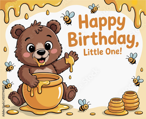 Cute Cartoon Bear with Honey Pot Happy Birthday Card for a Little One cheerful cartoon bear enjoys honey from large pot surrounded bees