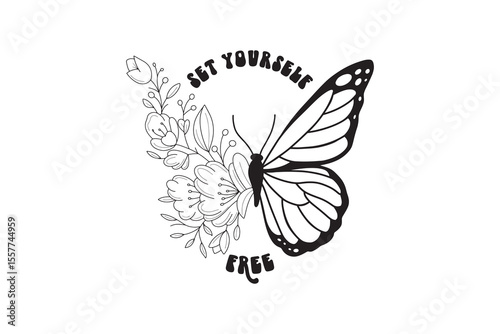 Set Yourself Free – Butterfly with Flowers Inspirational Art Wildflower Celestial Svg Typography Design