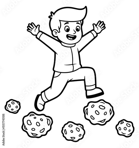 Happy cartoon boy jumping over space rocks or asteroids in outer space