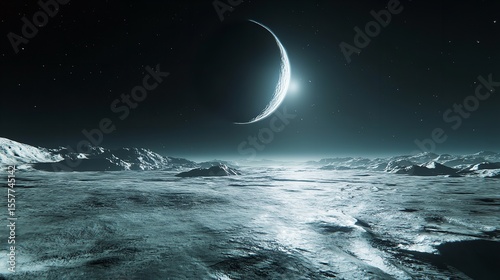 Moon surface landscape with crescent moon and stars in dark sky space exploration wallpaper background silhouette