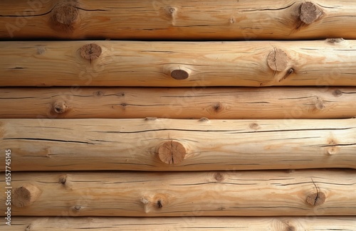 Wood log wall structure. Rustic wooden cabin exterior. Light brown wooden logs with tree knots. Background, texture for eco-friendly house construction, building, design, timbering.