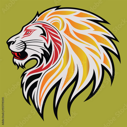 Lion head tattoo style vector illustration with bold tribal design elements