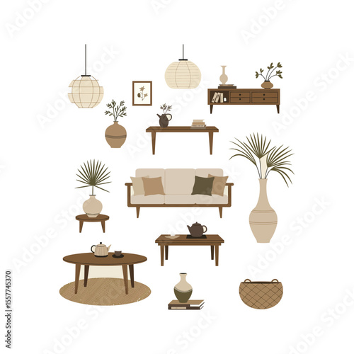 Midcentury modern living room interior design  illustration with furniture plants and decor