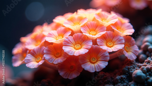 warm golden light illuminates densely packed cluster glowing coral polyps highlighting iridescent hues delicate lacy