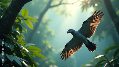 african greys swoop misty rainforest canopy iridescent feathers glowing soft diffused light surrounded vibrant greenery