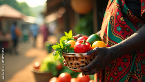 aged african vendor weathered hands cradle vibrant basket overflowing fresh produce warm golden glow midday african