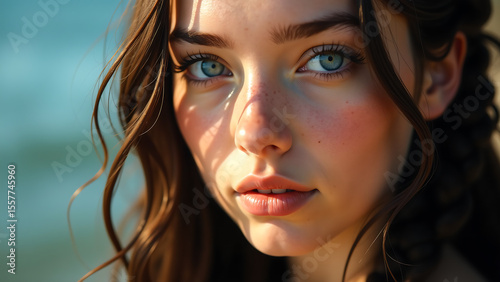 young woman face lit soft natural light revealing piercing blue eyes fringed dark eyelashes intricate braids