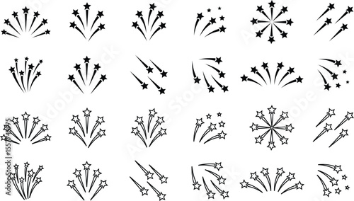 Fireworks stars icon set. Shooting star or rising star icon signs isolated on transparent background. Flying star and comet with tail icon, abstract fantasy galaxy element. Vector illustration.