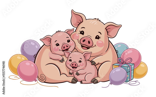 Cute Cartoon Pig Family with Balloons and Gift Celebrating a Special Occasion Three cartoon pigs mother two piglets are embraced together Surrounding them