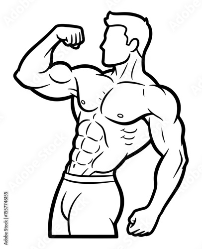 Strong muscular man flexing arm and showing perfect abs in outline drawing
