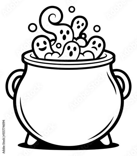 Halloween cauldron with spooky ghosts and swirling mist in black and white