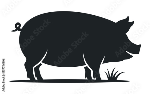 Simple Black and White Silhouette of a Pig with Grass stylized silhouette pig standing the ground grass pig silhouette animal farm animal black
