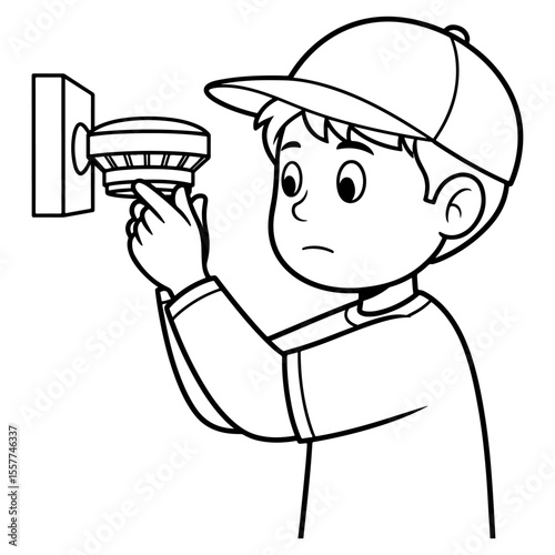 Cartoon boy installing or checking a smoke detector on a wall