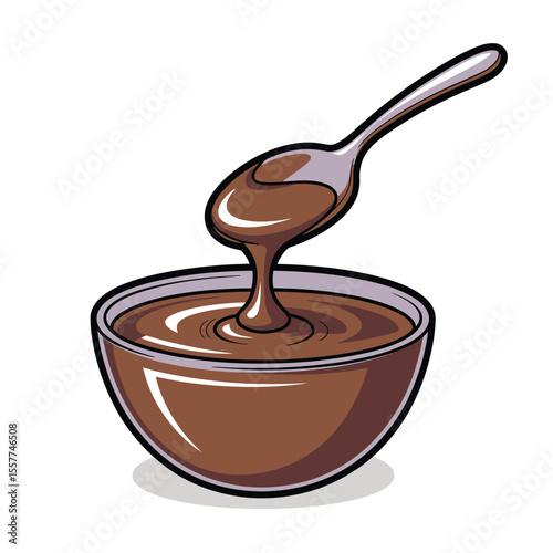 Spoonful of rich liquid chocolate pouring into a bowl of chocolate