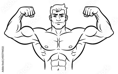 Black and white cartoon illustration of a muscular man flexing his arms