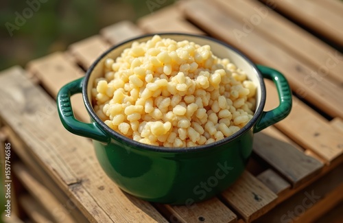 Traditional African maize meal pap in rustic green pot. Hot, boiled corn porridge, staple food. Close-up, local village food. Vegan breakfast or diet dish. Nourishment, carbohydrate, starch.