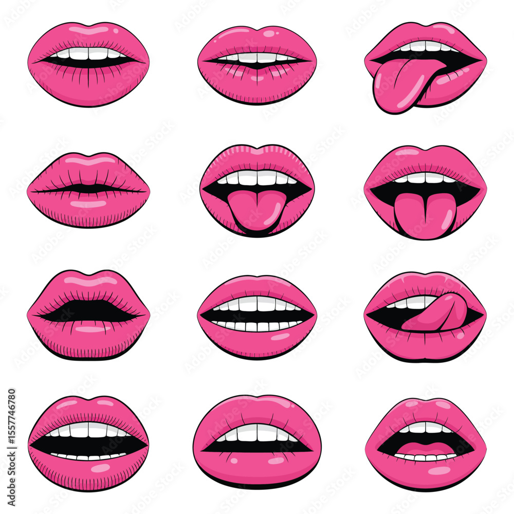 Obraz premium Collection of twelve vibrant pink cartoon lips in various expressions and poses