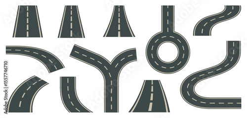Collection of diverse road segments and intersections on a white background