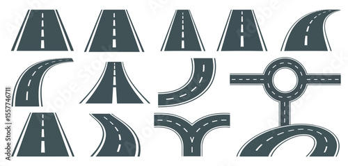 Collection of stylized road elements including straight curves and intersections