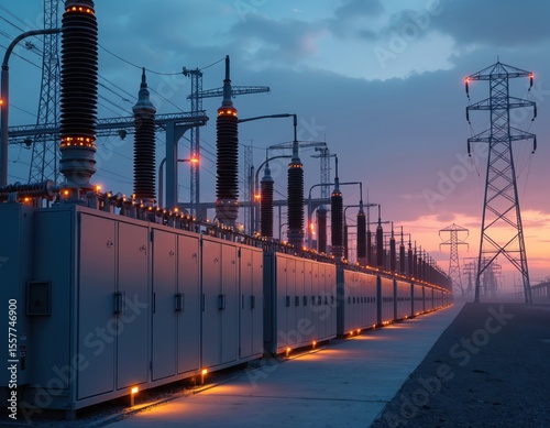 High-tech electrical power substation at dusk with glowing lights, towering transformers. Modern energy infrastructure, power transmission. Energy, electricity, technology, industry, construction,