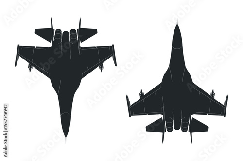 Top Down View of Two Black Silhouette Fighter Jets jet fighter planes black silhouette against white background fighter jet military aircraft jet plane