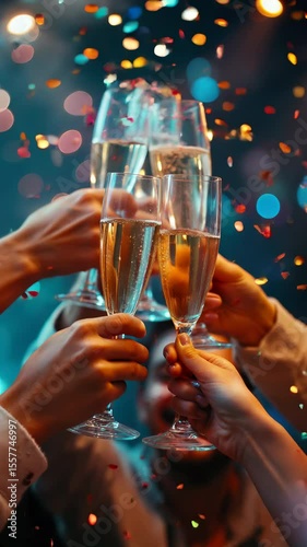 Celebrating success with a toast at a vibrant party surrounded by colorful confetti