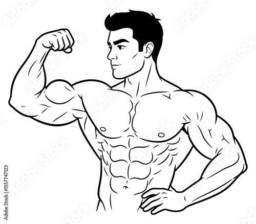 Line art drawing of a muscular man flexing his powerful biceps pose