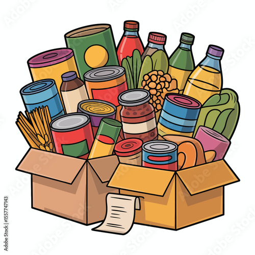 Illustration of a colorful assortment of canned goods and bottles in cardboard boxes