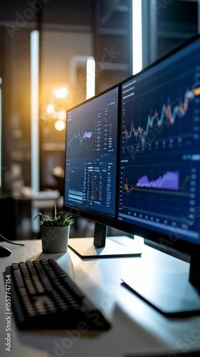 Workspace with dual monitors displaying financial data charts, graphs, and keyboard on a modern desk in office