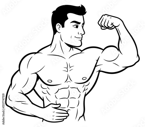 Illustration of a muscular man flexing his biceps in black and white