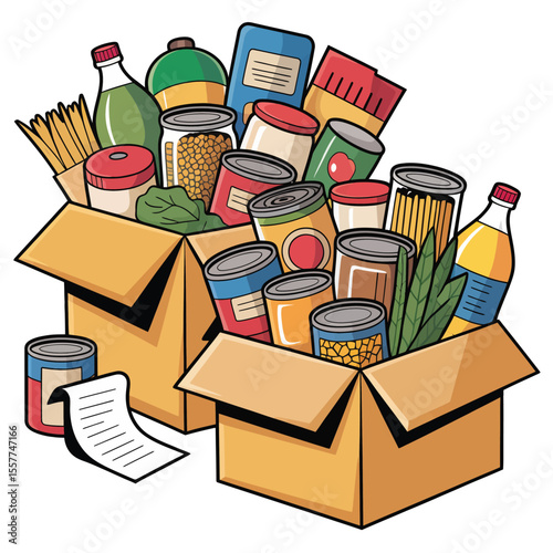 Two cardboard boxes overflowing with canned goods pasta and other food items