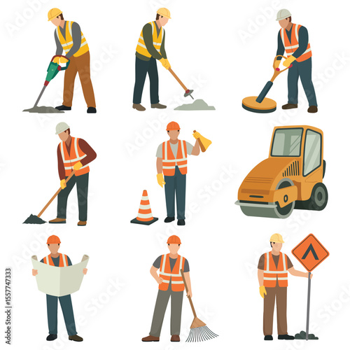 Construction workers performing various tasks with tools and equipment on a white background