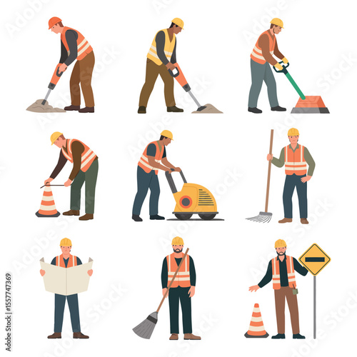 Construction workers performing various tasks with tools and equipment on a white background